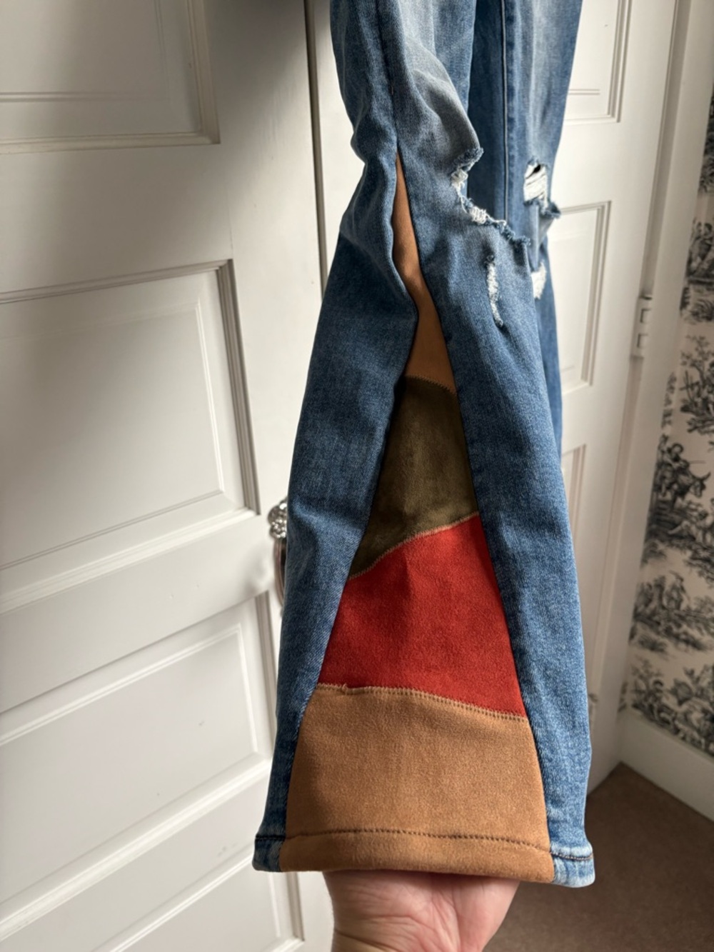 Distressed Stretch Blue Flare Jeans with Multicolor Panel Detail - Picture 2 of 4